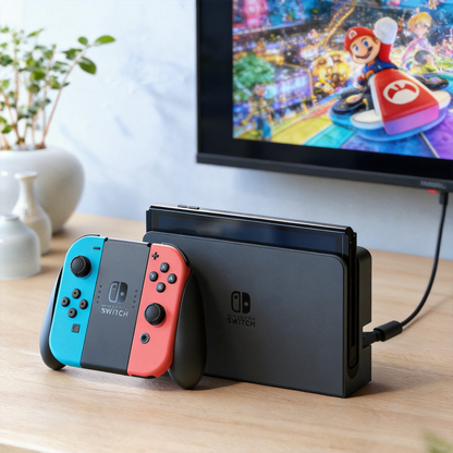 Nintendo Switch Oled with Neon Blue and Neon Red Joy‑Con